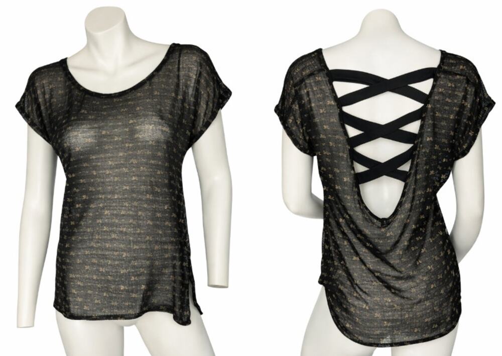 Timing Sheer Black Mesh Top Gold Bow Detail Strappy Back Blouse Size Small